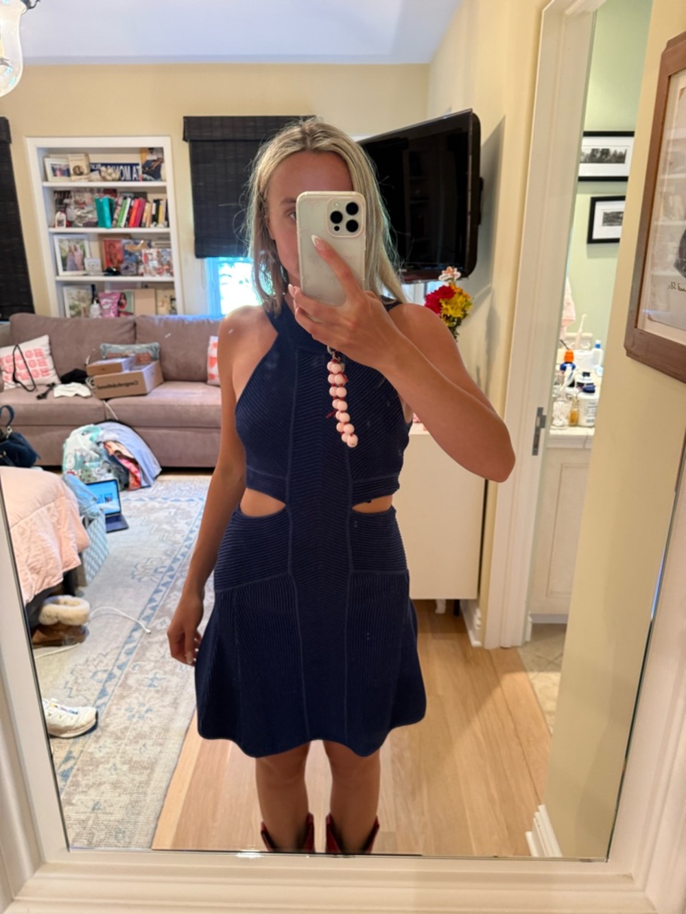 Navy Cutout Knit Halter Dress